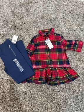 Polo by Ralph Lauren Red & Green Plaid Ruffle-Hem Shirt with Navy Leggings. NWT